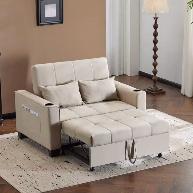Merax 2-Seater Convertible Pull-Out Sofa Bed in Beige with Cup Holders and Scatter Cushions