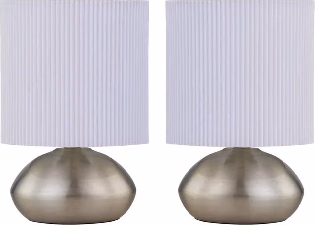 First Choice Lighting Jenson Set of 2 Brushed Chrome Touch Table Lamps with White Pleated Fabric Shades