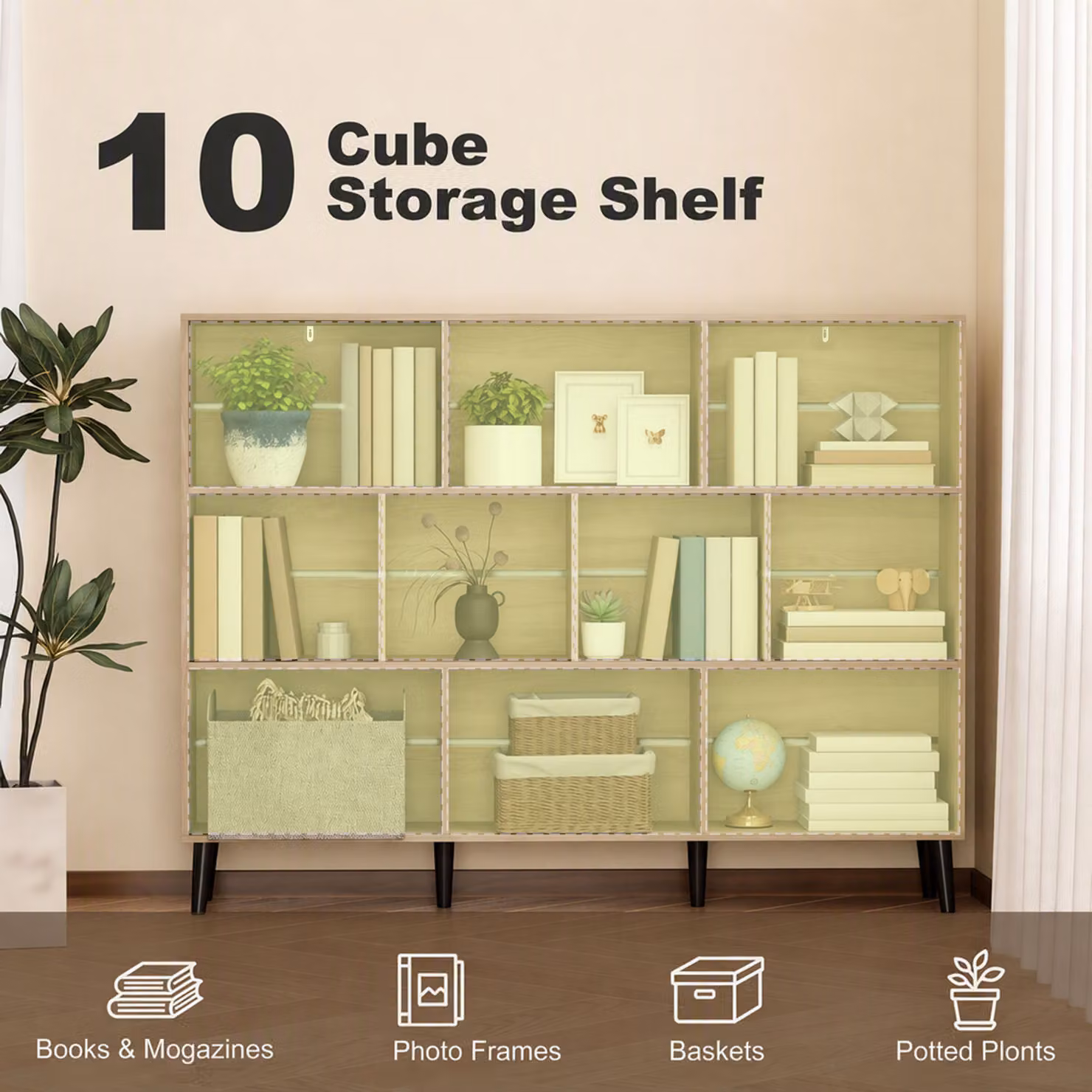 HOMCOM 10-Cube Modern 3-Tier Bookcase with Solid Wood Legs in Brown Oak, H 140 x W 107 x D 24 cm – 3