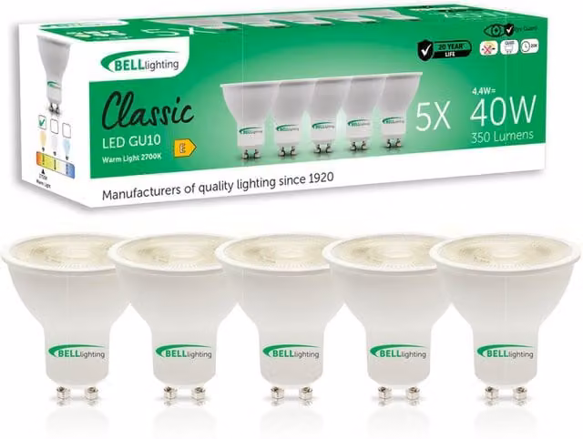 Bell Lighting GU10 LED Spotlight Bulbs, Warm White 2700K, 4.4W, 350lm, Pack of 5