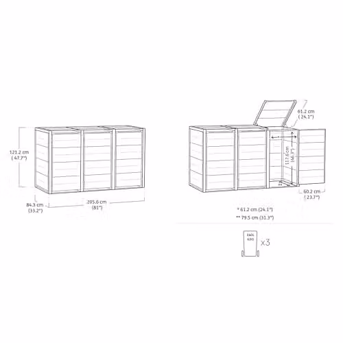 Keter Hideaway 3-Bin Outdoor Storage Unit in Grey Wood-Effect with Steel and Aluminium Frame – 5