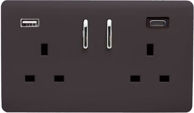 Trendi 2 Gang 13 Amp Combination USB Switch Plug Socket with 2 x 3.1mA Type A&C Ports in Dark Mocha Brown