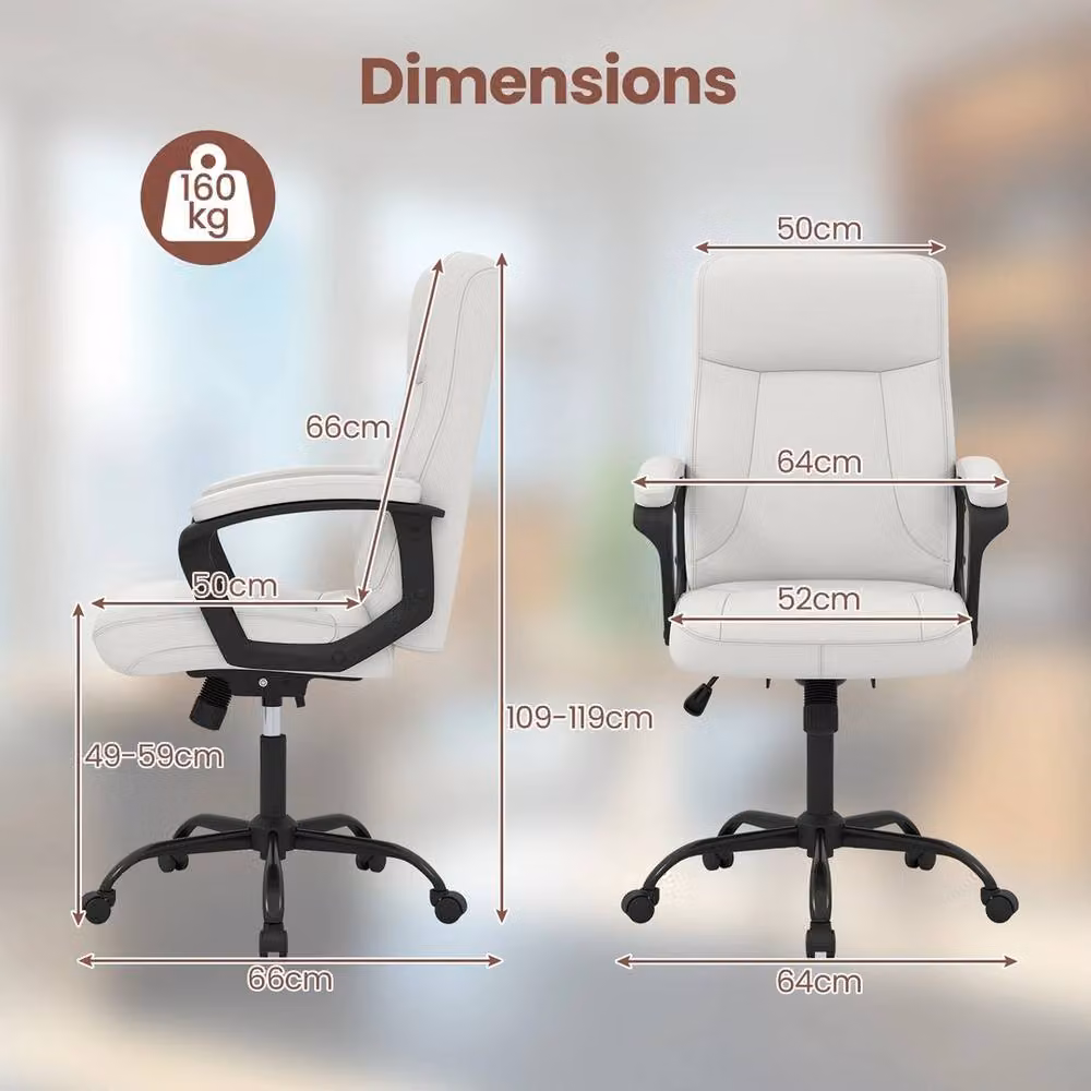 VOGREX Ergonomic Executive Office Chair in White Synthetic Leather with Headrest and Armrests – 3