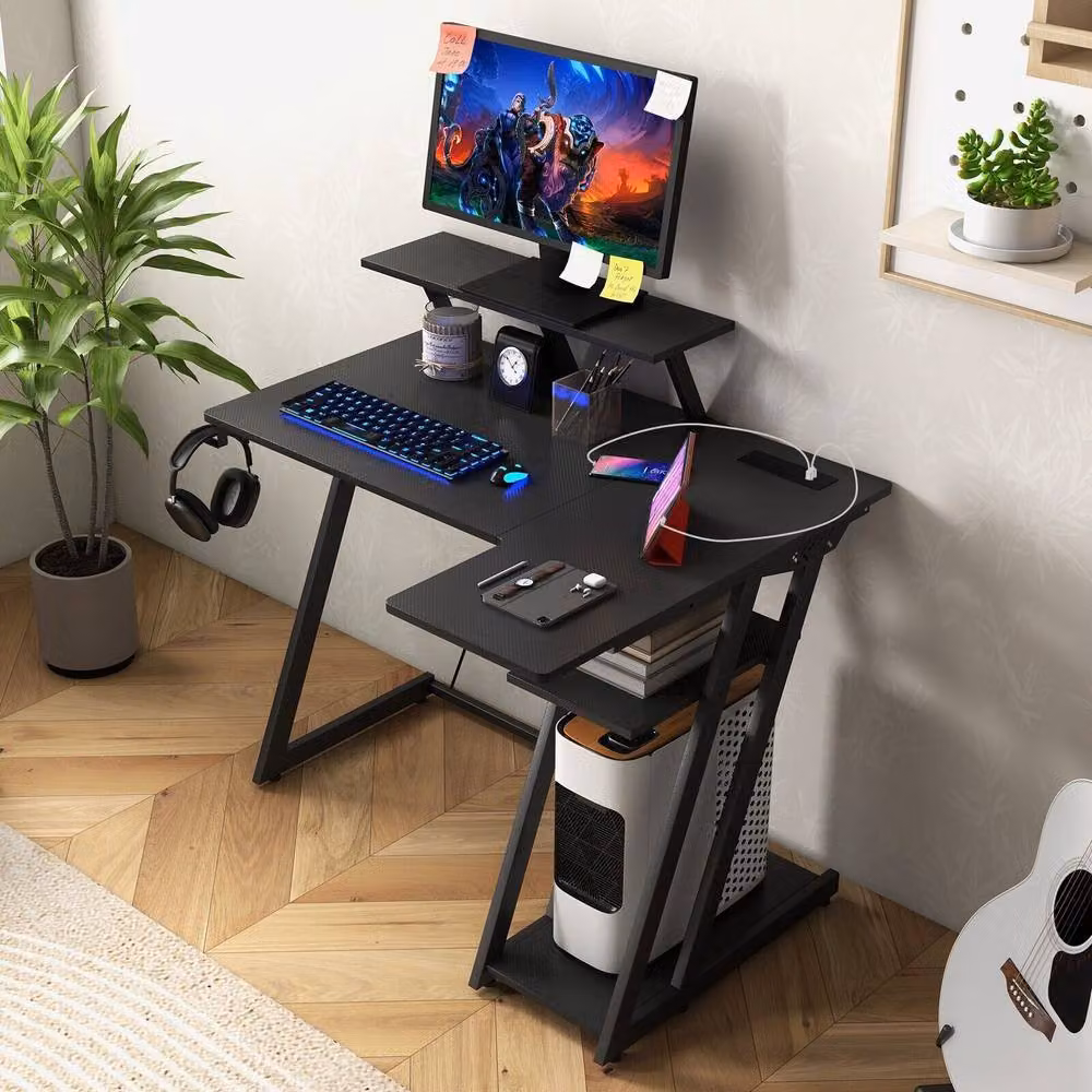 Costway L-Shaped Gaming Desk with Monitor Shelf and Outlets in Black – 4
