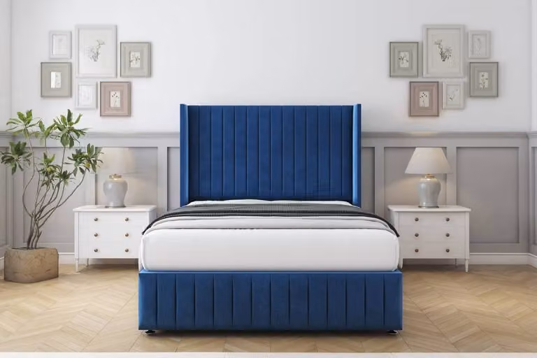 Sloomy Marlborough Plush Divan Set in Navy Blue with Wingback Headboard and Footboard, King Size, W/D/H: 180 x 200 cm