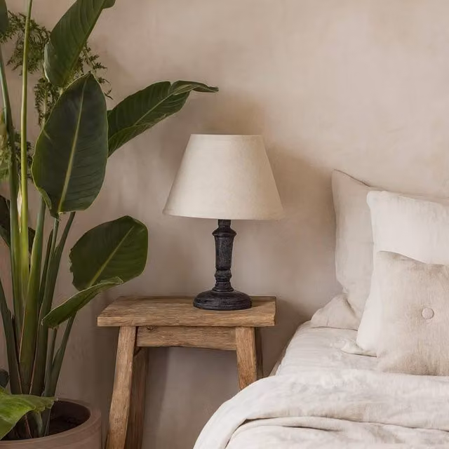 Wyld Haus Brantes Distressed Black Table Lamp with Natural Linen Shade – 1