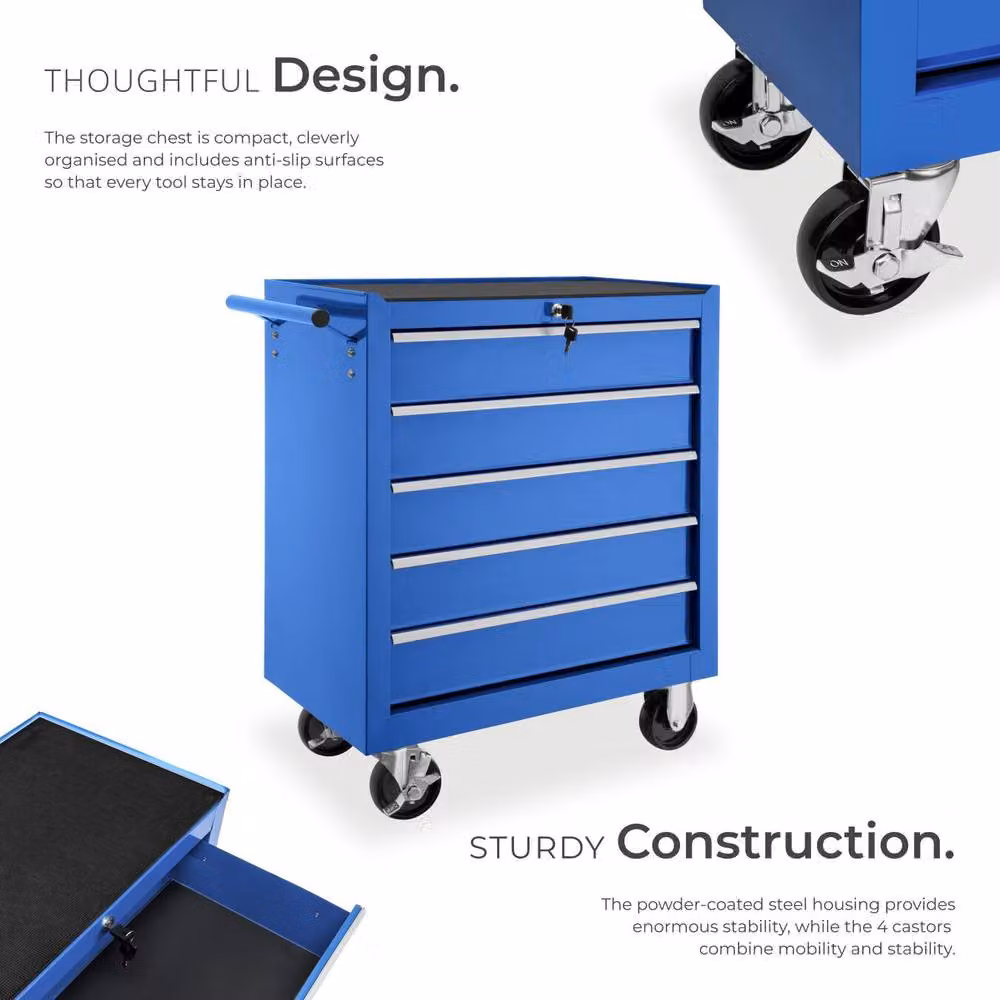tectake Lockable and Rollable Tool Chest in Blue – 3