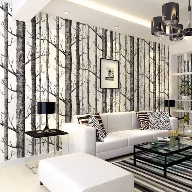 KORVIXA Birch Tree Rustic Wood 3D Wallpaper in Black, Width: 100 cm – 1