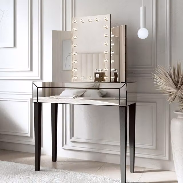 CARME Silver Glossy Mirrored Dressing Table with Tri-Fold Glass Mirror