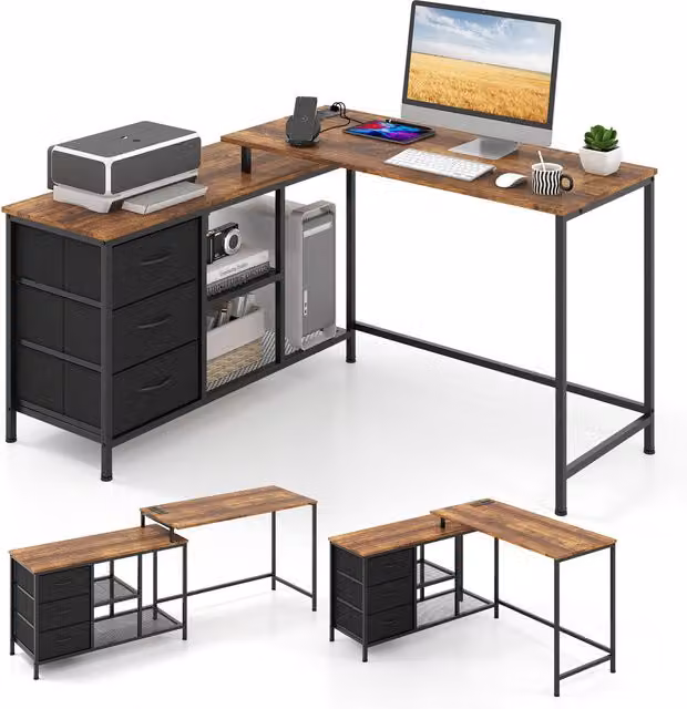 COSTWAY Brown Industrial Corner Home Office Desk with Charging Station