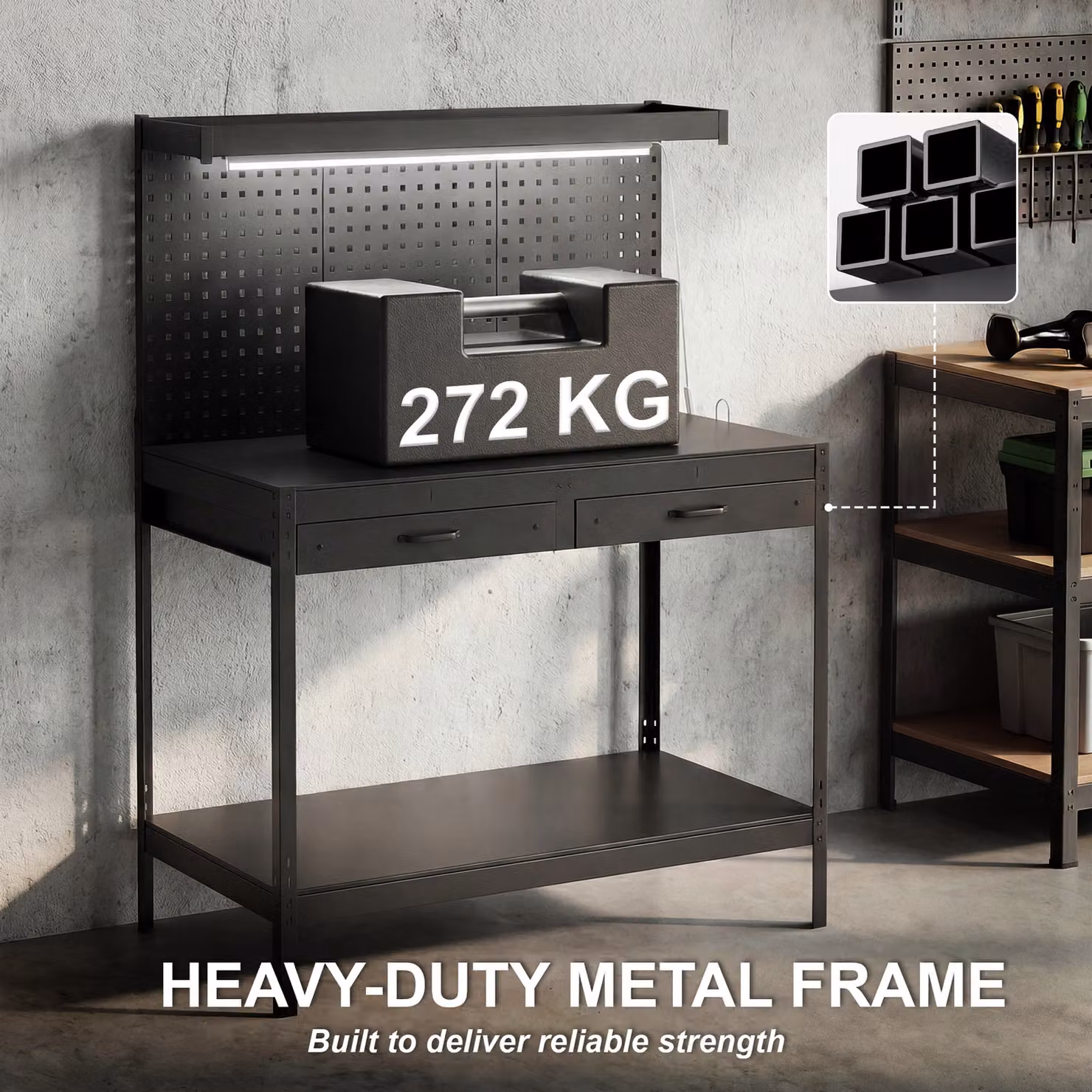 HOMCOM Heavy Duty Black Workbench with Pegboard, Power Strip and LED Light, W: 110 cm, D: 60 cm, H: 91 cm – 6