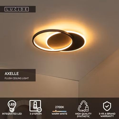 Lucide Axelle Black LED Flush Ceiling Light, Warm White, Diameter: 29.5 cm – 2