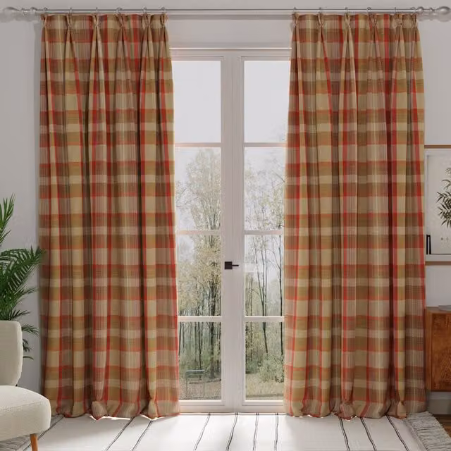 Terrys Cardinal Red Checked Blackout Fabric Panel Curtain with Pencil Pleat Tape