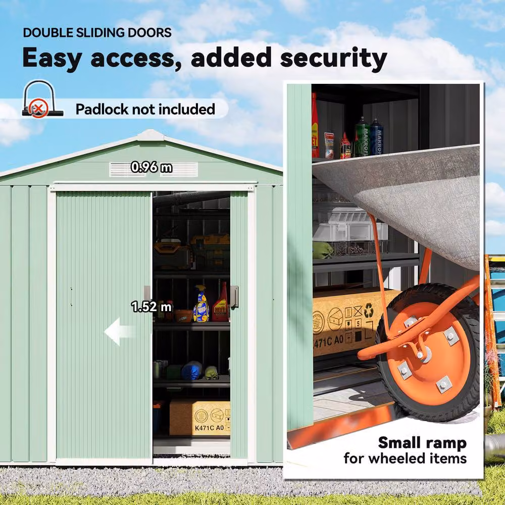Rolipo Metal Garden Shed with Foundation Kit and Double Doors in Light Green, W/D/H: 213.4 x 121.9 x 185 cm – 4
