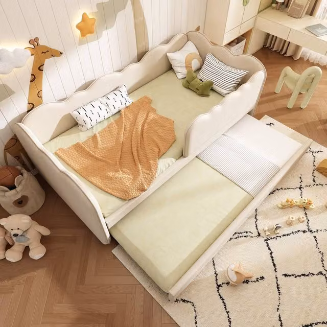 STILVORA Single Daybed with Pull-Out Trundle in Beige, W/D/H: 190 x 90 x 70 cm