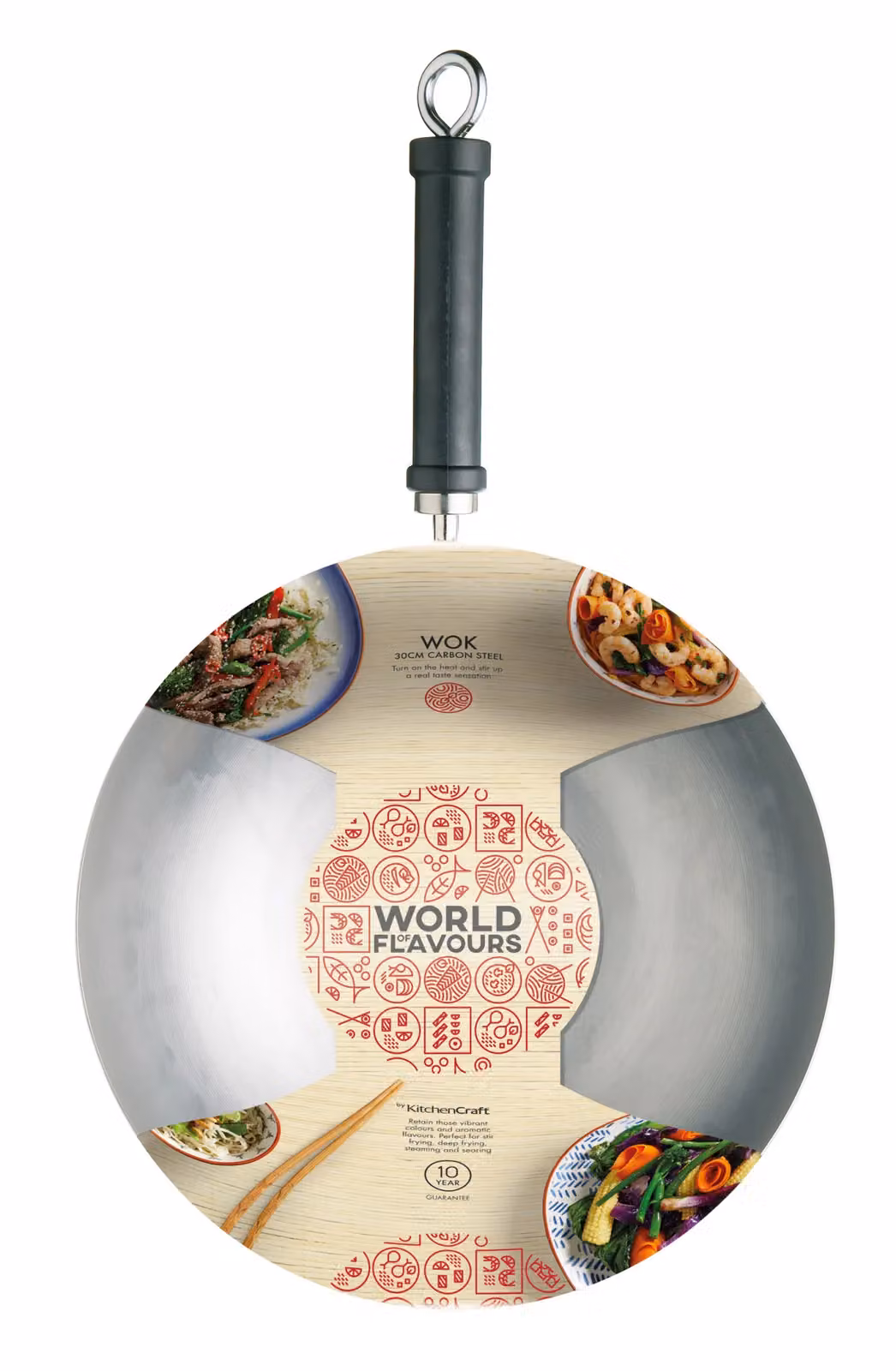 KitchenCraft Oriental Plain Uncoated Carbon Steel Wok, Grey, 30 cm – 2