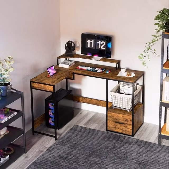 HOMCOM L-Shaped Industrial Corner Computer Desk with Liftable Desktop in Rustic Brown