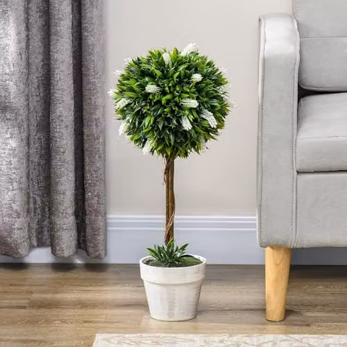 HOMCOM Set of 2 Artificial Floral Ball Trees in White and Green, Height: 60 cm – 4