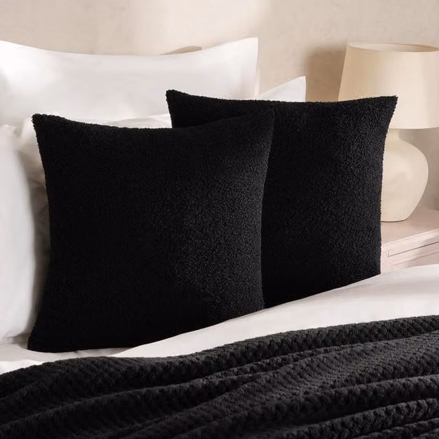 Highams Range Pack of 2 Black Square Boucle Cushion Covers with Removable Covers