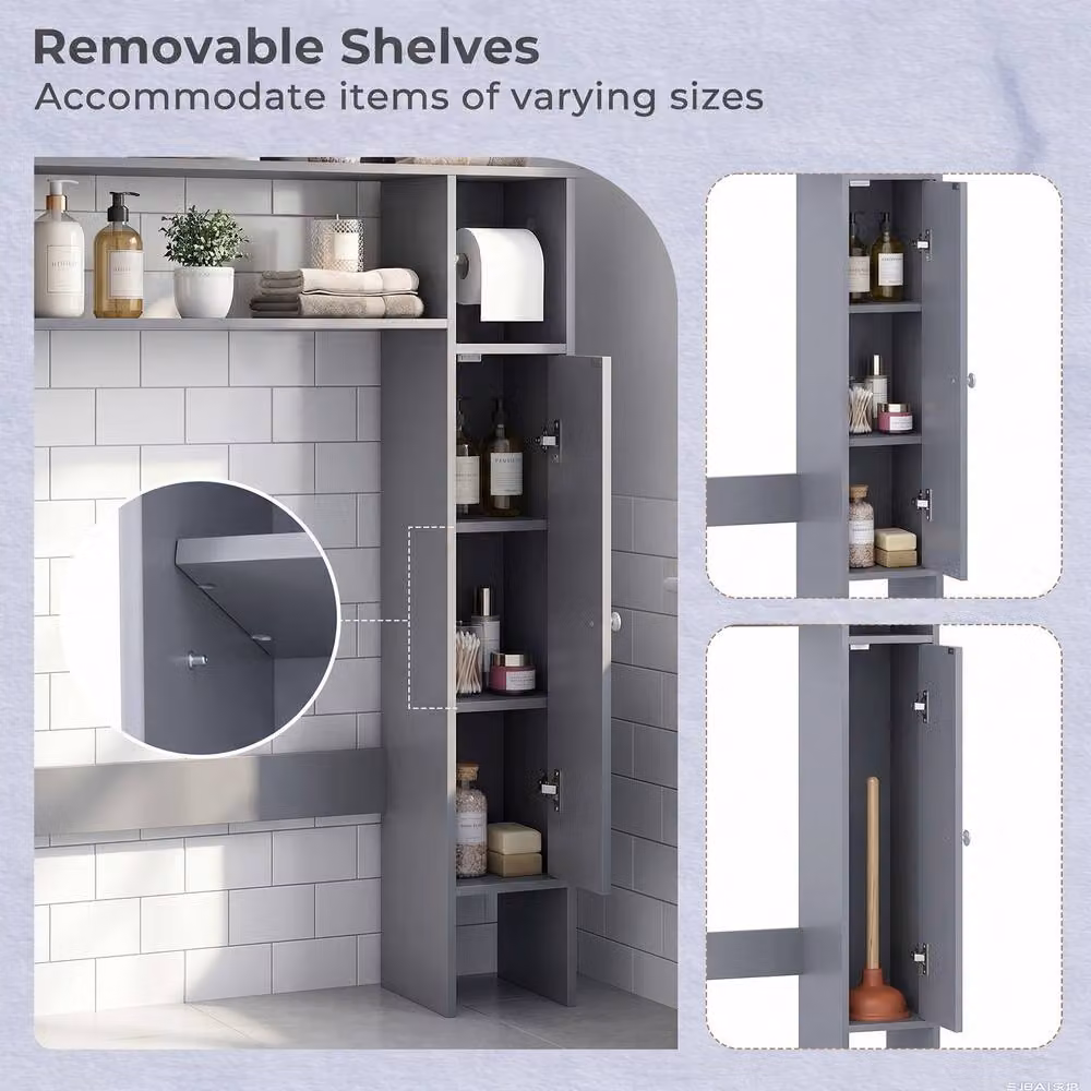 Costway Grey Over The Toilet Storage Cabinet with Hinged Doors and Toilet Paper Holder – 6