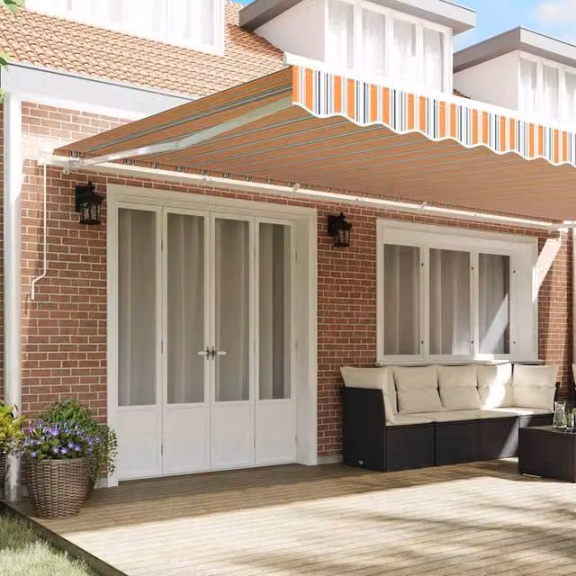Berkfield Home Manual Retractable Folding Arm Awning in Multicolour Orange Stripe, W: 600 cm, D: 300 cm