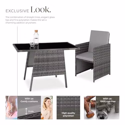 tectake Rattan Bistro Set in Grey with 2 Chairs and 1 Table featuring Glass Top and Removable Cushions – 3