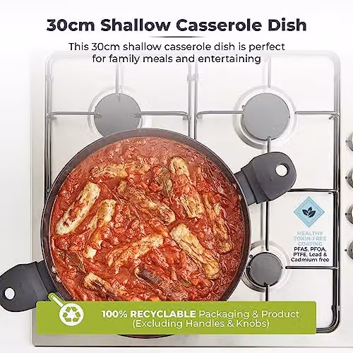 Tower Diamo Aluminium Shallow Casserole Dish with Black Diamond Ceramic Non-Stick Coating and Tempered Glass Lid, Black, Diameter: 30 cm – 4