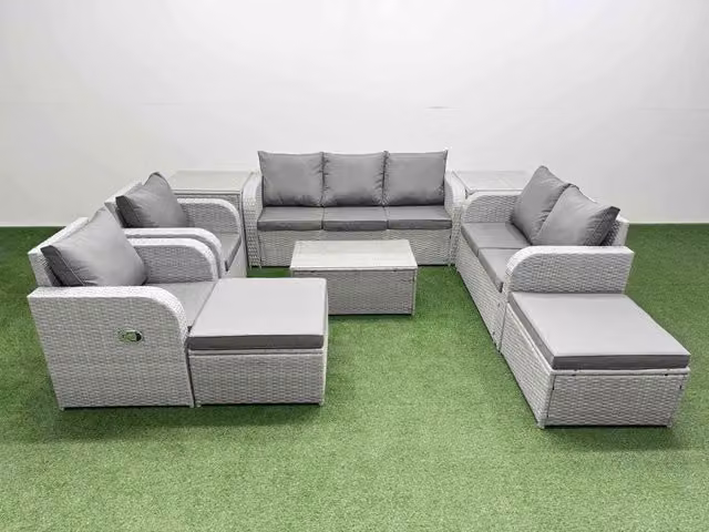 Fimous Grey PE Rattan Garden Furniture Set with Adjustable Chairs, Double Love Seat, Oblong Coffee Table, 2 Footstools and 2 Side Tables
