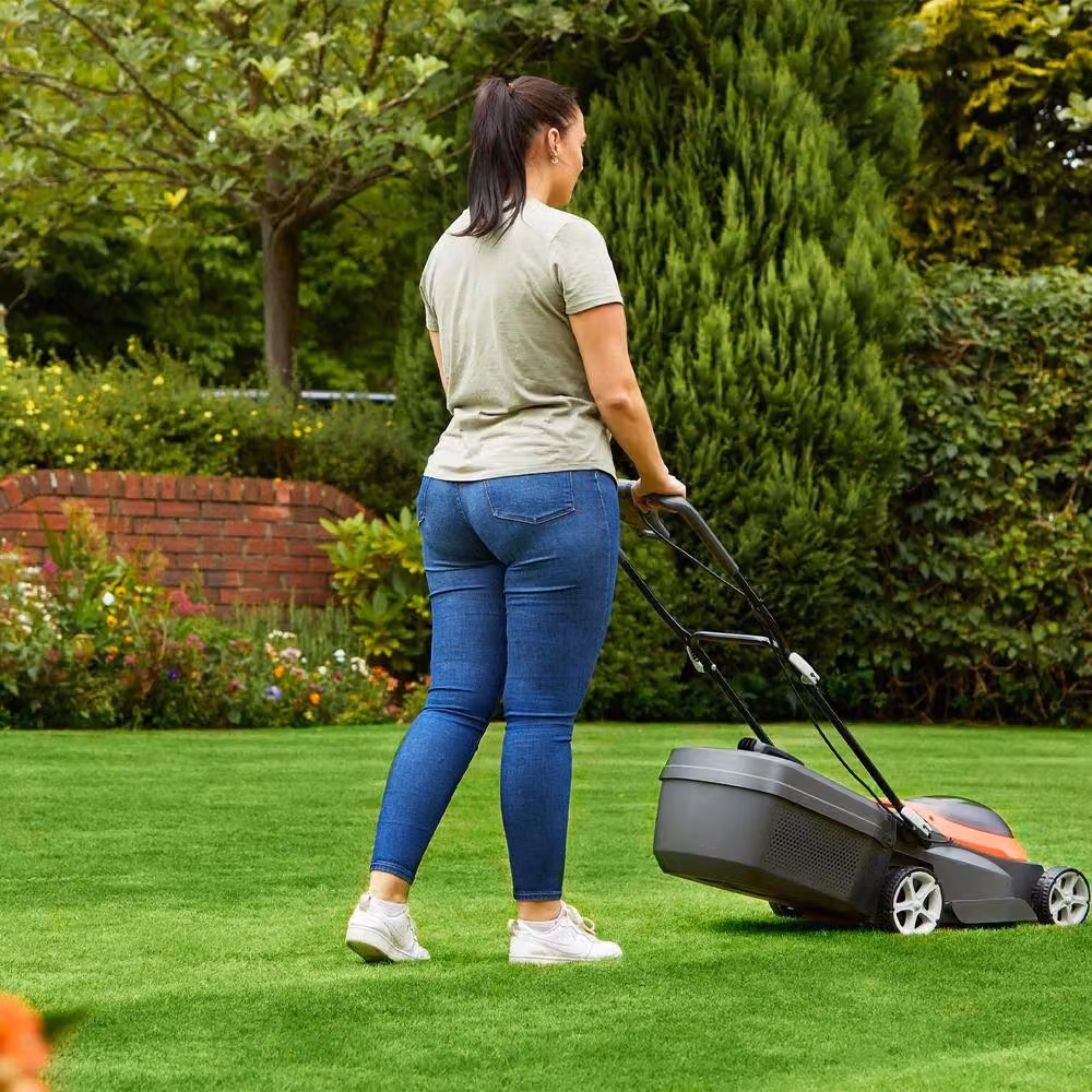 Flymo UltraStore 340R 36V Cordless Lawnmower Kit in Orange and Grey with 34cm Cutting Width, 35L Grass Box, Rechargeable Battery and Charger – 2