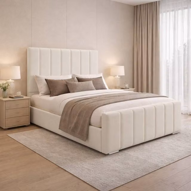 Desire Deco Eleanor Upholstered Plush Velvet Panel Bed Frame in Beige, Super King Size (W/D/H: 200 x 190 x 125 cm)