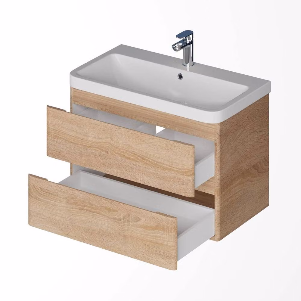 NESTLUNE Modern Wood Wall Mounted Bathroom Vanity Unit and Basin in Natural Brown and Beige – 2