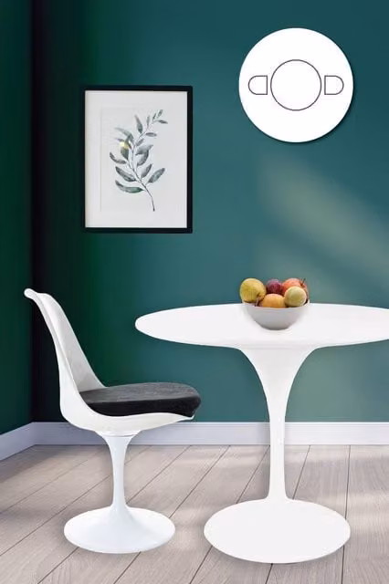 Fusion Living Tulip Dining Set with White Round Table and Two Black Chairs