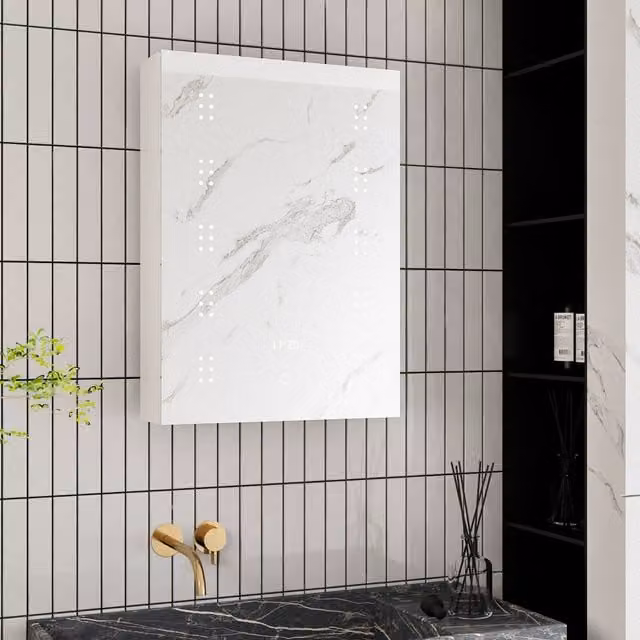 Livingandhome Modern Silver Wall Mounted Bathroom Mirror Cabinet with LED Lighting, Shaver Socket and Anti-Fog Function