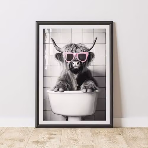 60 Second Makeover Highland Cow Pink Glasses Animal Print Paper Poster, A3
