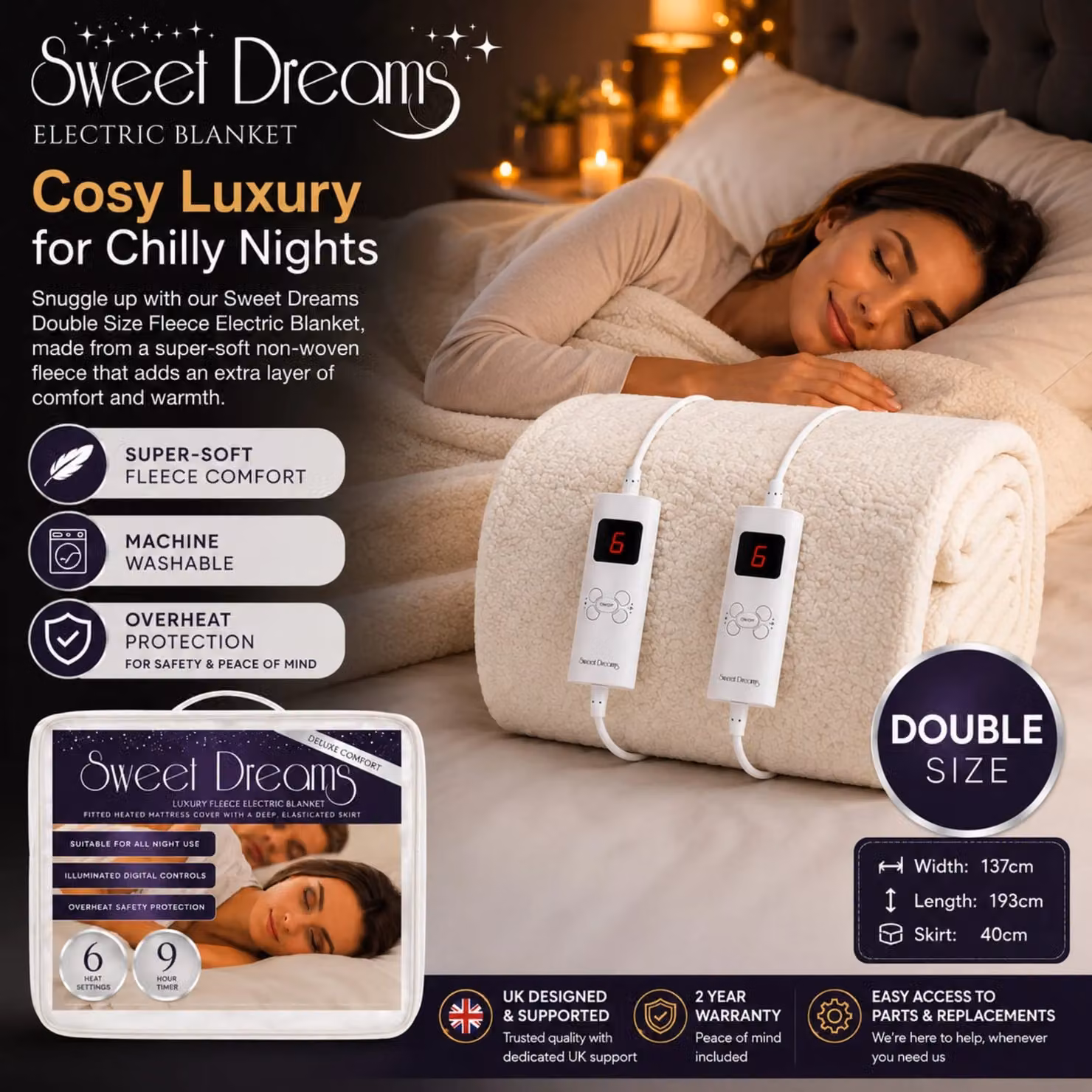 Sweet Dreams White Fleece Heated Double Bed Fitted Mattress Cover, W/D/H: 140 x 200 cm – 8
