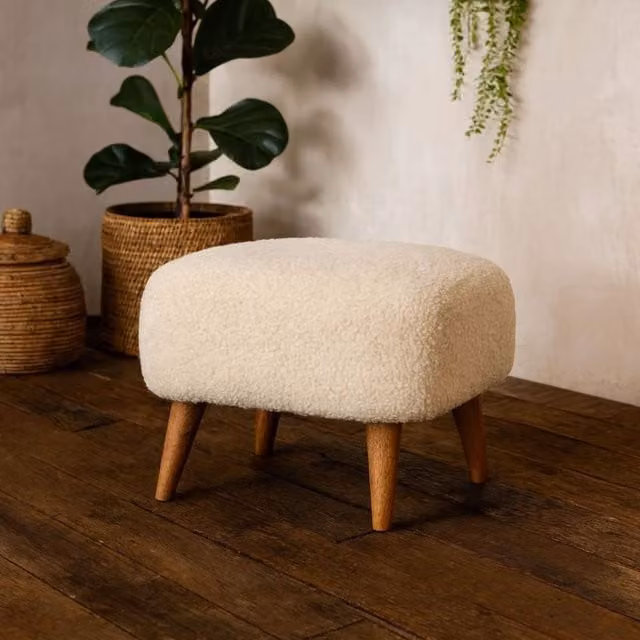 Wyld Haus Olbia Square Bouclé Footstool in Beige with Mango Wood Legs W/D/H: 40 x 40 x 40 cm – 1
