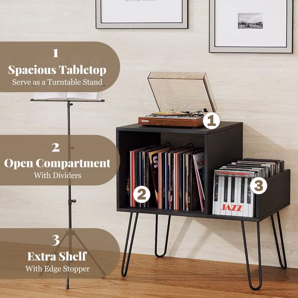 Gymax Modern Metal Turntable Stand with Power Outlet and Display Shelf in Black – 6