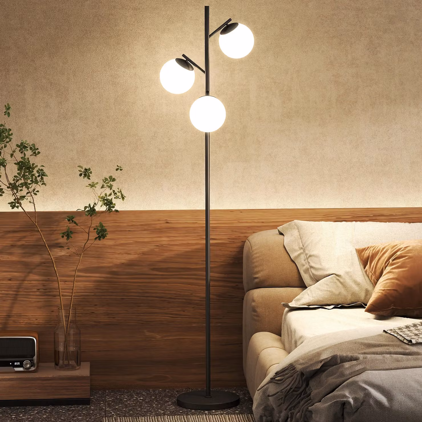HOMCOM Modern 3-Light Tree Floor Lamp with Black Metal Base and White Glass Sphere Shades – 4