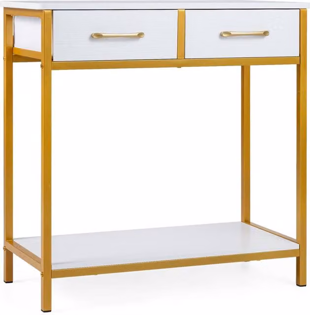 Gymax Narrow White Console Table with 2 Fabric Drawers and Industrial Wood Design
