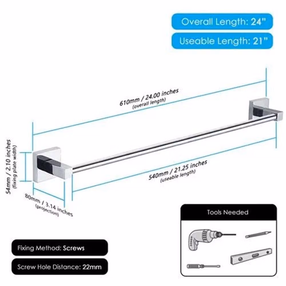 Havendro Single Wall Mounted Metal Bathroom Towel Rail in Silver, W: 60 cm, H: 45 cm, D: 45 cm – 2