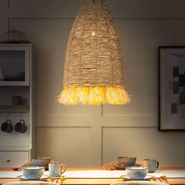 Wyld and Coco Pendant Lamp with Natural Corn Husk, Rattan and Seagrass Shade in Black and Beige – 1