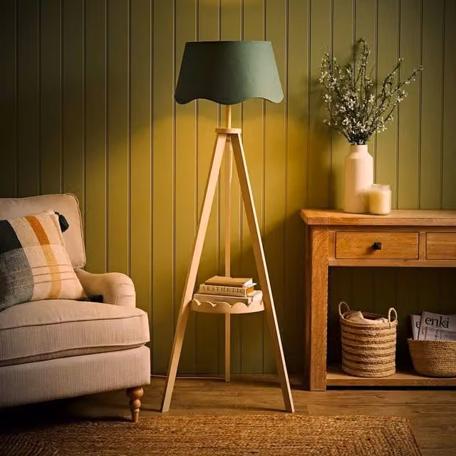 Morrigan Cream Wood Scallop Shelf Tripod Floor Lamp with Sage Green Fabric Shade