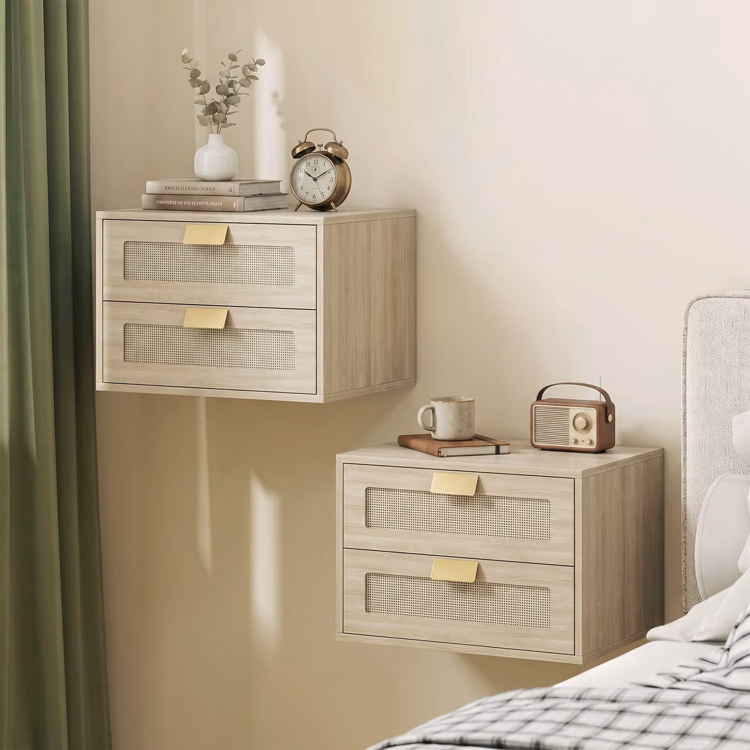 HOMCOM Set of 2 Modern Wall Mounted Floating Nightstands with 2 Rattan Drawers in Brown – 2