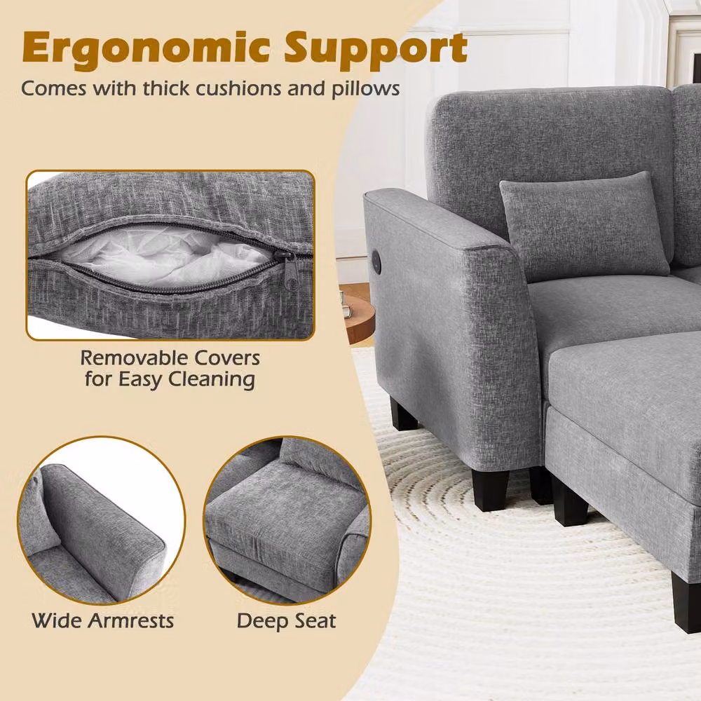 Costway Grey U-Shape Sectional Sofa Set with 2 Ottomans, Reversible Fabric 4-Seater with USB Charging and Removable Covers – 4