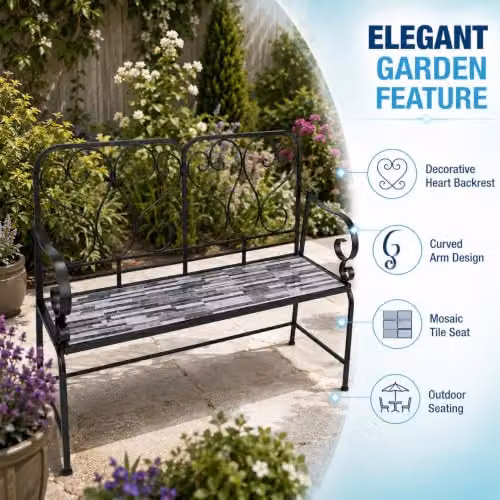 Shatchi Cascade Mosaic 2 Seater Garden Bench in Multicolour Metal and Ceramic Tile, W: 112 cm, H: 96 cm, D: 47 cm – 7