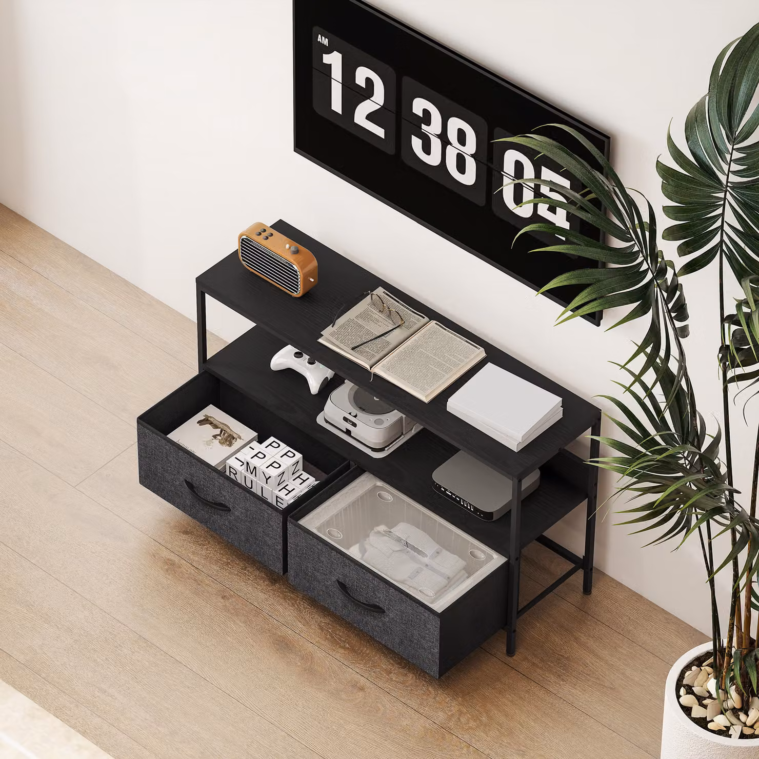 HOMCOM Modern Black TV Stand Cabinet with 2 Foldable Metal Drawers – 7