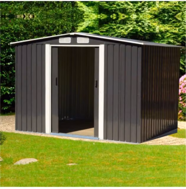 Groundlevel Grey Galvanised Steel Metal Garden Shed with Sliding Doors W/D/H: 182.88 x 243.84 x 182.88 cm – 1