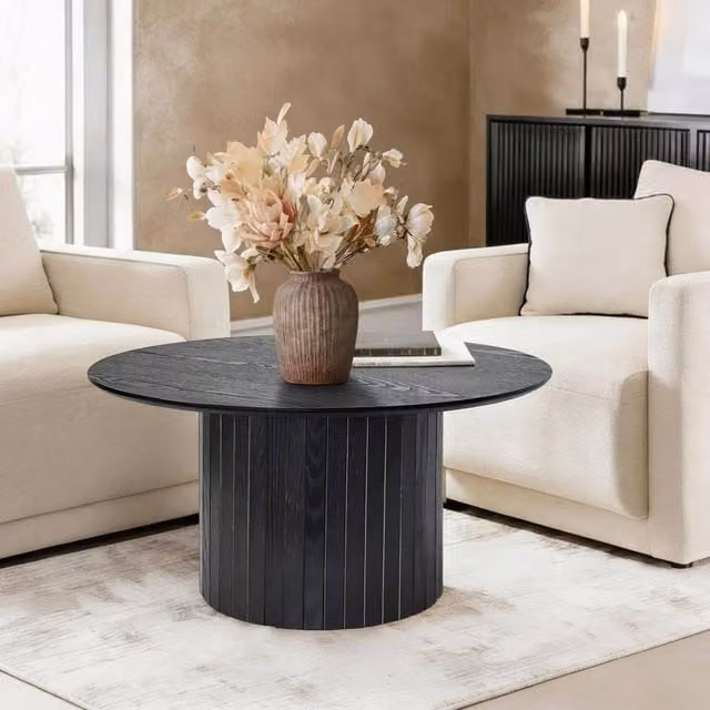 OHS Madison Ribbed Round Coffee Table in Black Engineered Wood