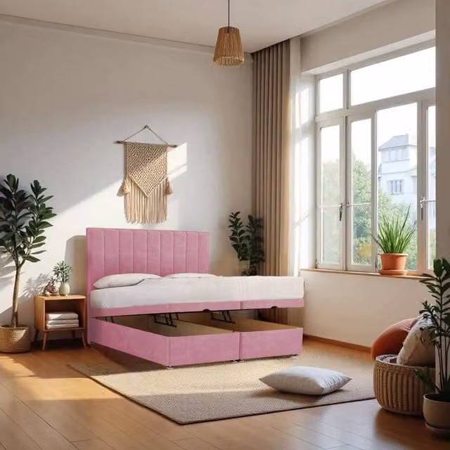 Knight Sleep Paris Pink Velvet End Opening Ottoman Bed with Orthopaedic Hybrid Mattress and 24 inch Headboard, W/D/H: 120 x 200 cm
