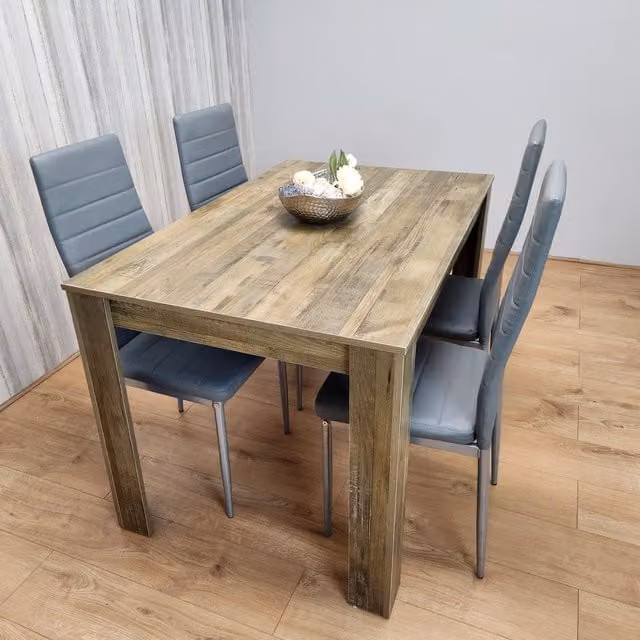Kosy Koala Dining Room Set with Rustic Effect Rectangular Table and 4 Grey Faux Leather Chairs